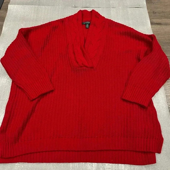 [2X]Lauren Ralph Lauren Red V-neck cotton PullOver Cable Knit sweater - Picture 1 of 7